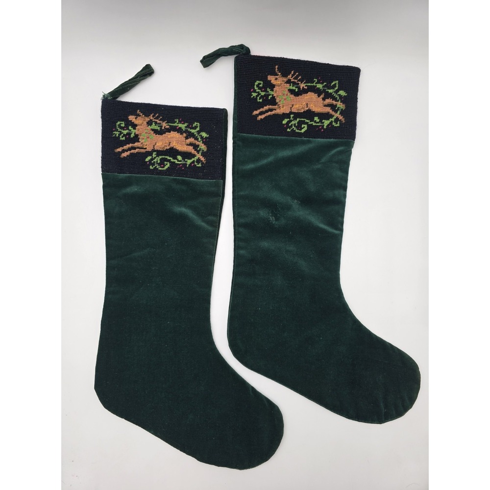 Vtg Midwest of Cannon Falls Christmas Stockings Velvet Reindeer Needlepoint 2 pc